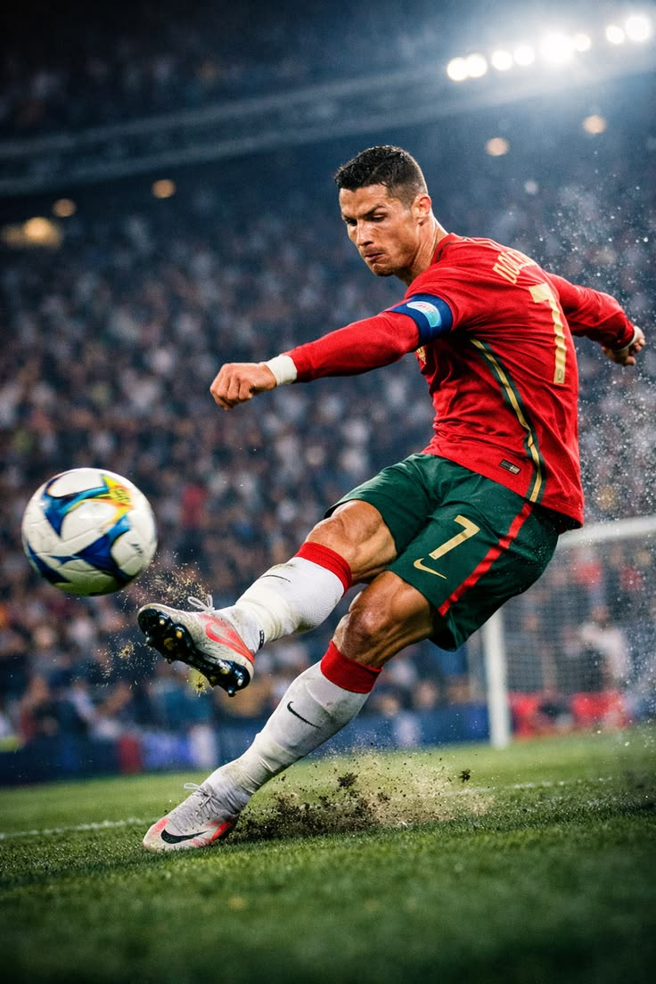 Cristiano Ronaldo mid-strike on a wet pitch under stadium floodlights, Portugal red kit and number 7, ball in flight beside his outstretched right boot, packed crowd in the background.