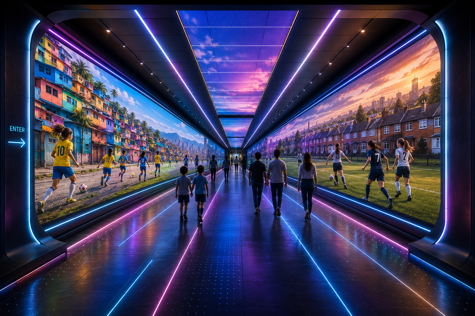 Second interior render variant. Two LED walls show women's football: girls in yellow Brazil-style number 10 kits playing in a colourful favela on the left, girls in white number 7 and number 2 kits on a grass pitch in front of suburban houses on the right. Magenta and cyan neon strips light the walls and the floor. The ceiling is an LED panel showing a purple and orange sunset sky.