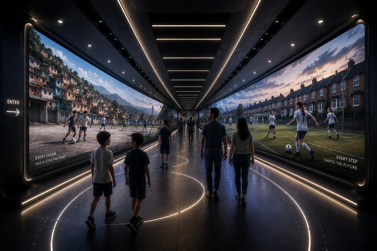 Third interior render variant. Two LED walls show kids playing in a favela on the left and girls playing on a grass pitch in front of suburban houses on the right. On-screen typography reads 'EVERY DREAM HAS A STARTING POINT' on the entry wall and 'EVERY STEP SHAPES THE FUTURE' on the exit wall. Warm white architectural LED strips line the ceiling, with curved white LED light patterns on the floor. Visitors of all ages walk through.