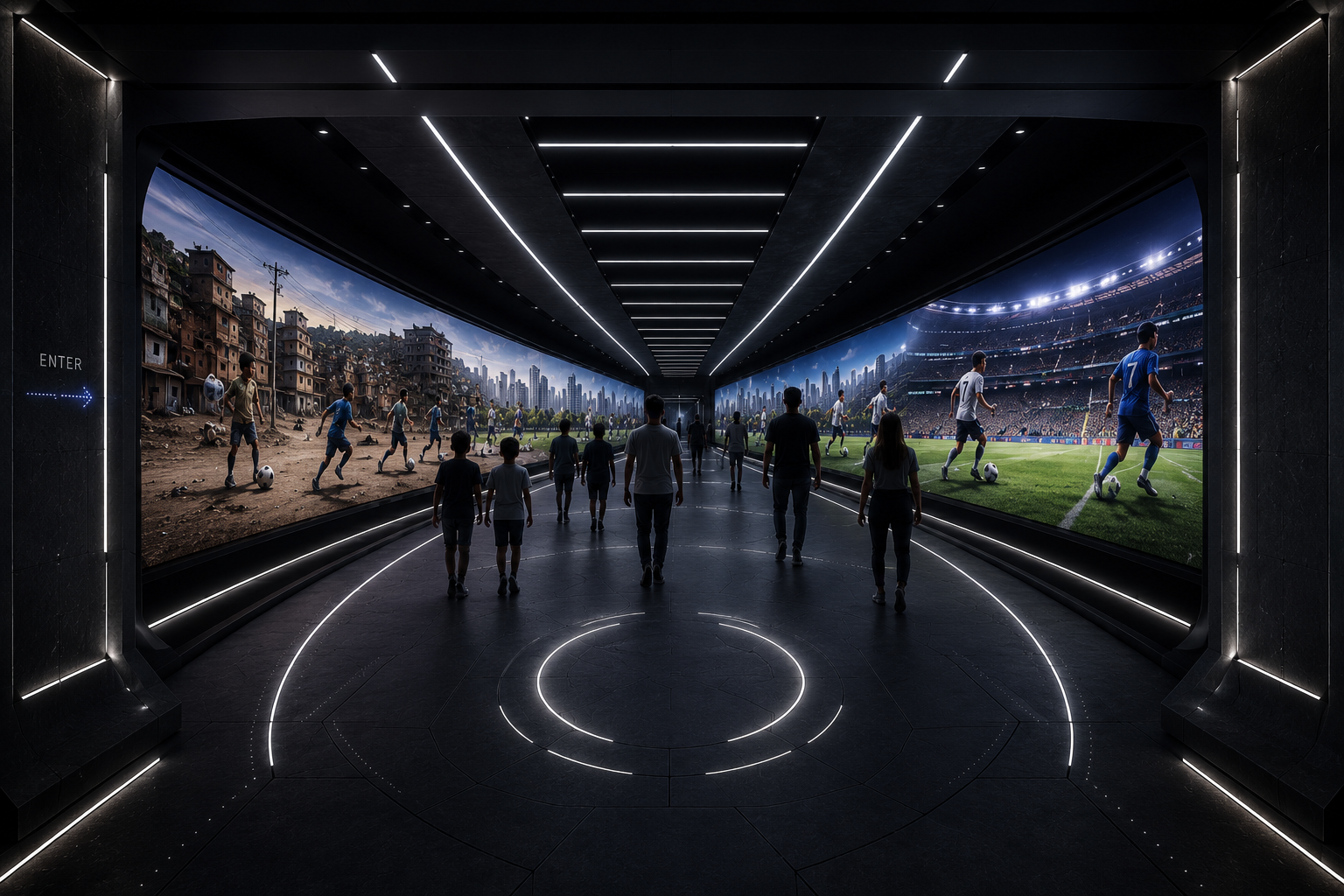 Interior render from a visitor's-eye view inside the installation. Two LED walls flank the room: favela streets with kids playing on the left, a packed Champions League stadium on the right. Visitors walk between them on a black floor with concentric circular LED light patterns. Linear LED strips run along the ceiling for ambient lighting.